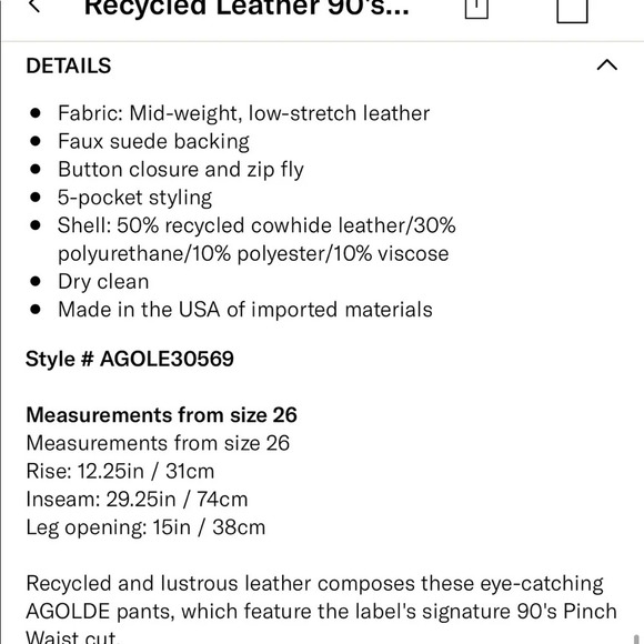 NWT Agolde Recycled Leather 90's Pinch Waist: High Rise Jeans in Shadow Black 26 - Picture 7 of 8